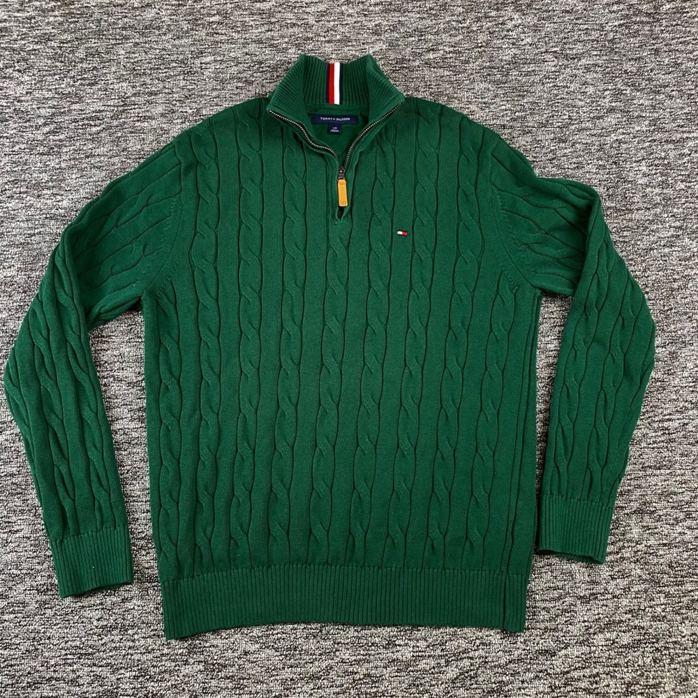 Tommy Hilfiger Sweater Mens Large Green Cable Knit Quarter Zip Cotton Pullover